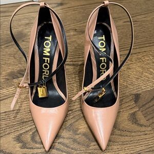 Tom Ford Blush Pink Pointed-Toe Ankle-Strap Pumps with Gold Lock